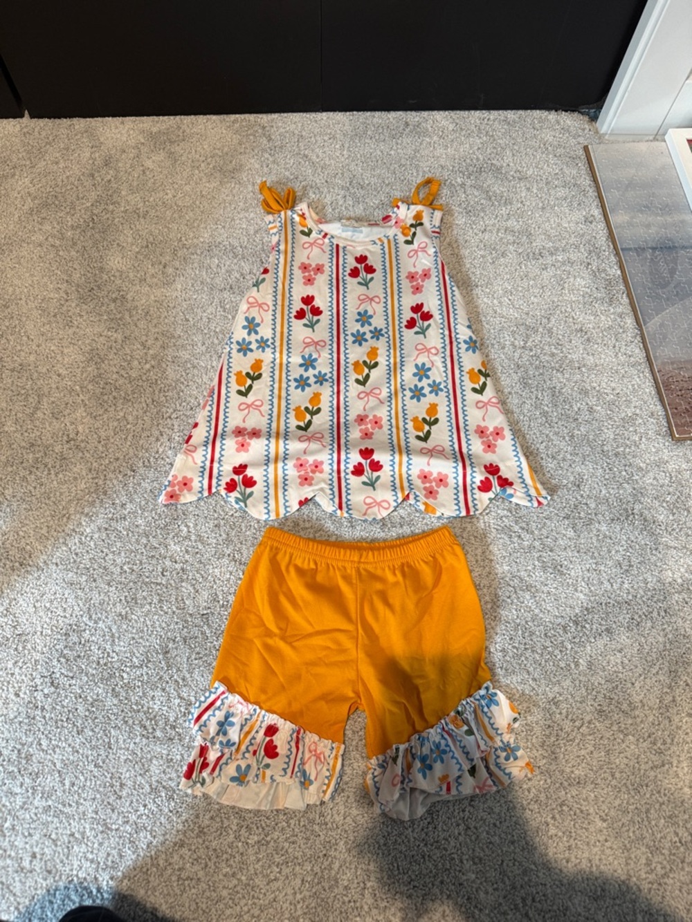 Girls Yellow Floral Stripe Matching Set - Sleeveless Top & Ruffle Shorts